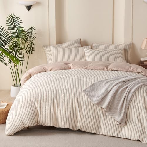 BUPIRD Duvet Cover Queen Set Striped Beige, 100% Washed Microfiber Jacquard 3 Pieces Beige Queen Striped Bedding Sets, with Zipper Closure & Corner Ties, Lightweight Soft Comfort Breathable (No Comforter) - Image 1