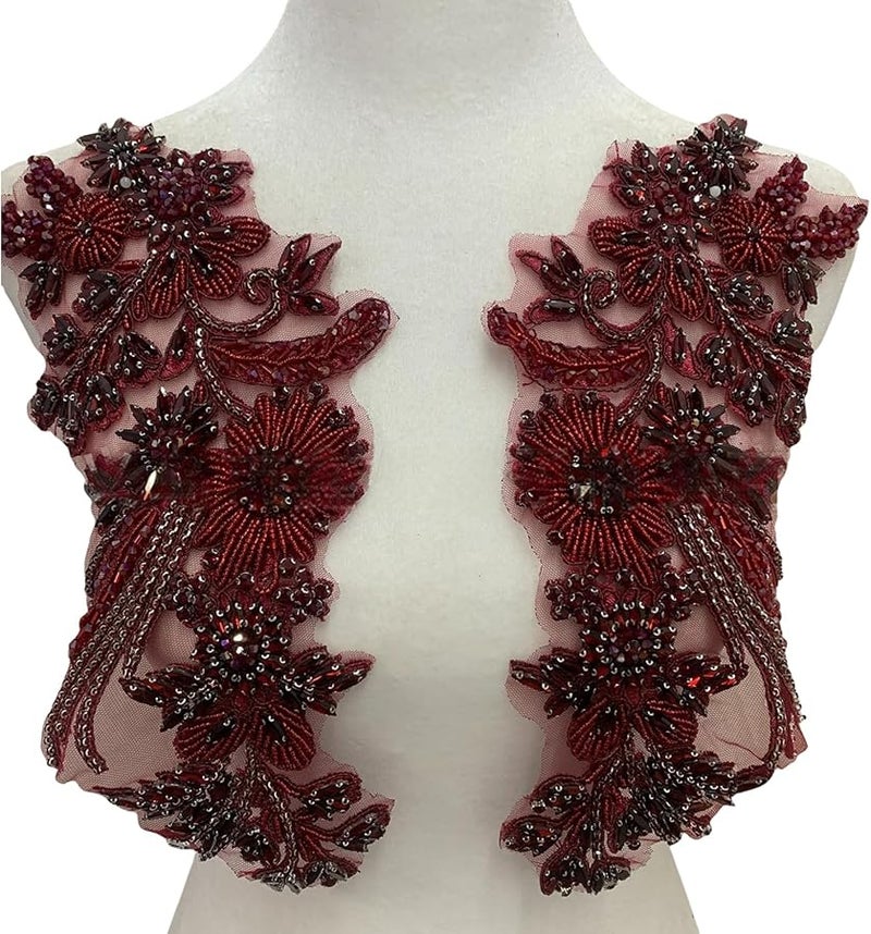 تطبيقات زهور الخرز الأحمر النبيذي المخيطة على بقع للزينة والحرف اليدوية للملابس والفساتين - Image 2