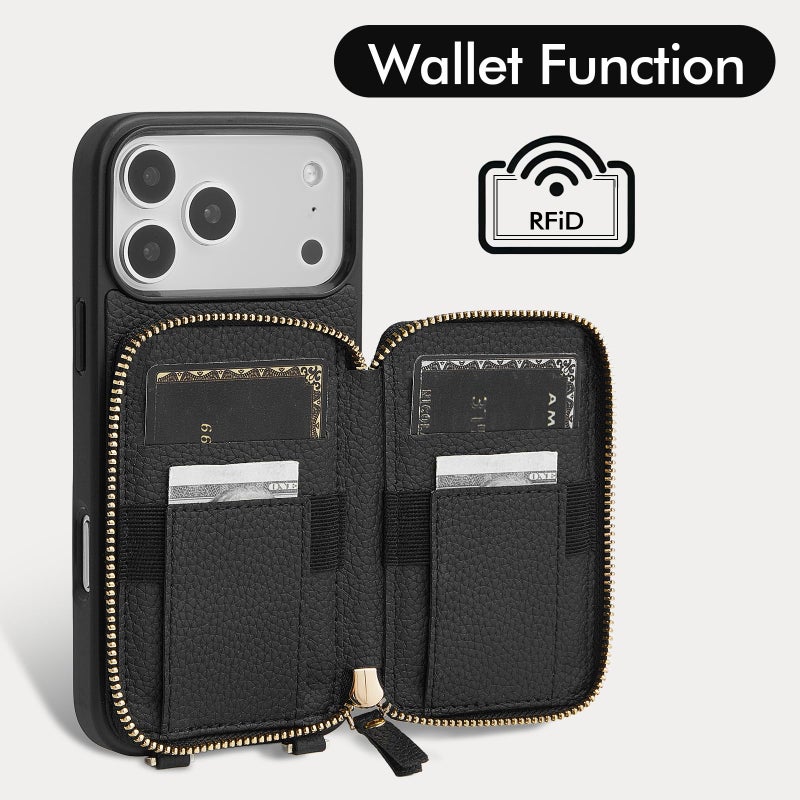ZVE for iPhone 17 Pro Wallet Case with Card Holder, Zipper Crossbody Case with Wrist Strap for Women 6.3" Black - Image 2