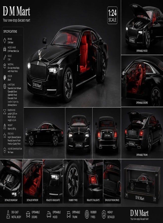 D M Mart Rolls-Royce Phantom Diecast Model Car | 1:24 Scale Zinc Alloy Pull Back Toy Car with Sound & Light | Luxury Collectible Metal Car Model for Kids & Adults | Black - Image 2