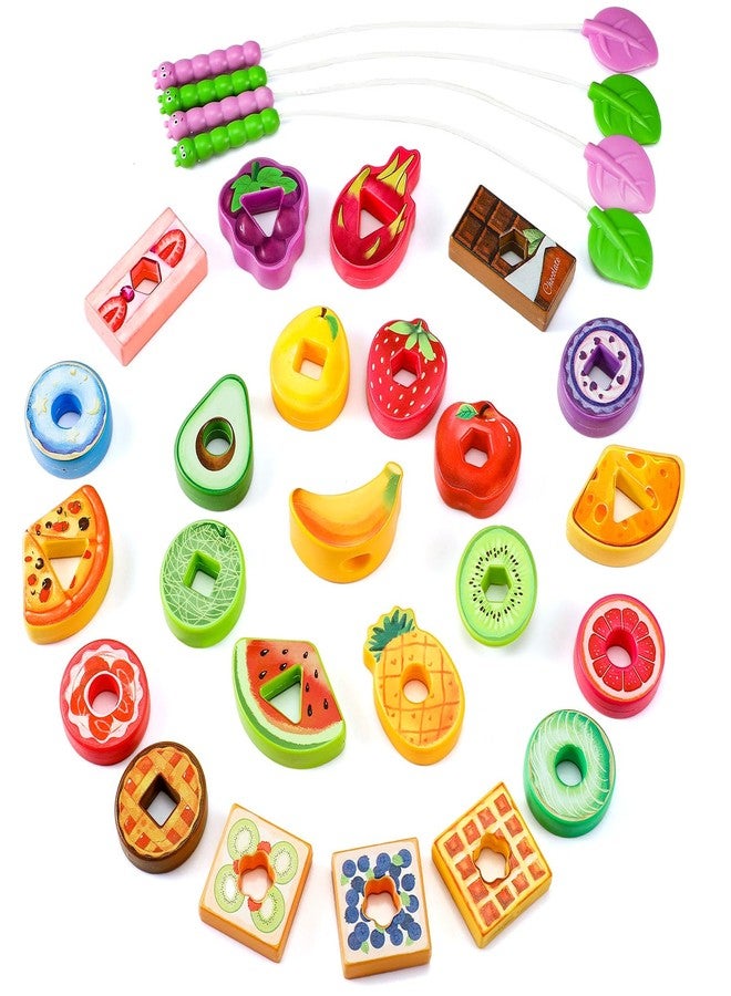 PullCrease 28 Pcs Caterpillar Lacing Toy for Toddlers Fruit Food Threading Toys Learning Lacing Beads Montessori Educational Stringing Threading Beads Fine Motor Skills Gift for Boys Girls 3+ - Image 1