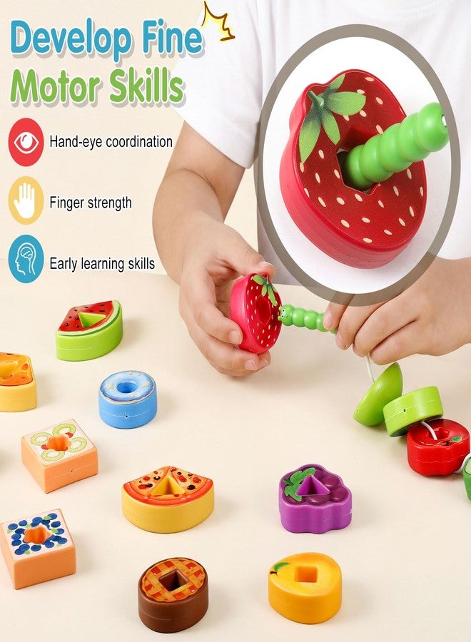 PullCrease 28 Pcs Caterpillar Lacing Toy for Toddlers Fruit Food Threading Toys Learning Lacing Beads Montessori Educational Stringing Threading Beads Fine Motor Skills Gift for Boys Girls 3+ - Image 3