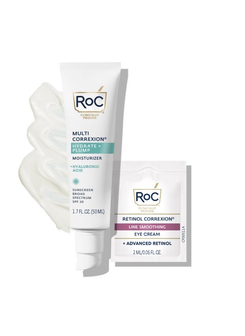 RoC Multi Correxion 1.5% Pure Hyaluronic Acid Anti Aging Daily Face Moisturizer with Broad Spectrum Sunscreen SPF 30 (1.7 oz) with Retinol Eye Cream Packette (Packaging May Vary)