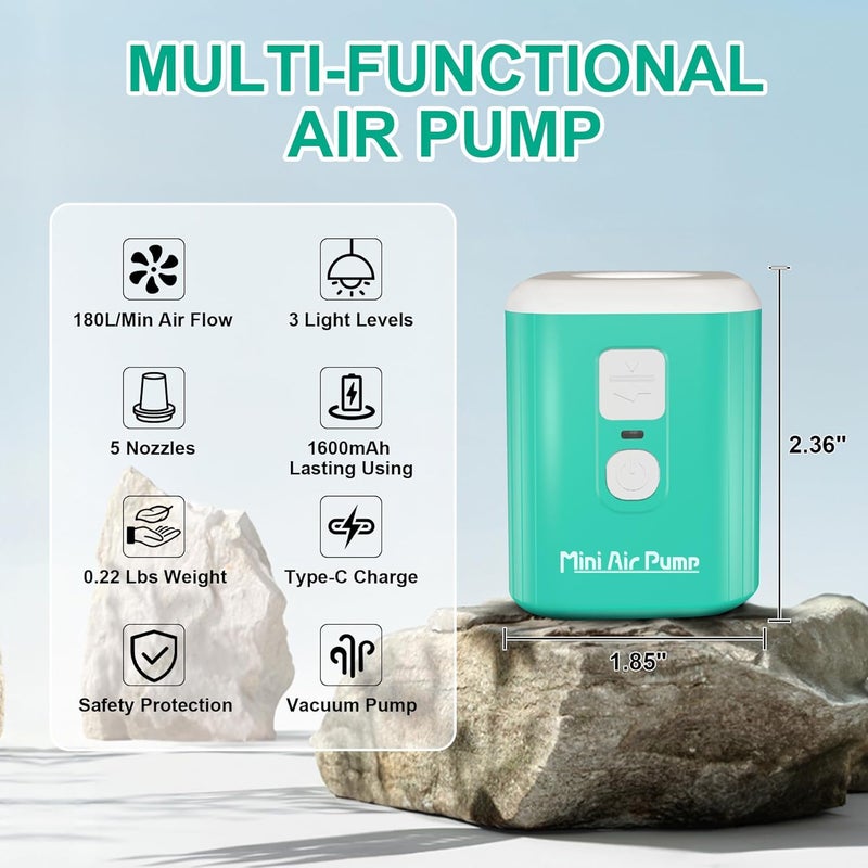 Puligoth Portable Air Pump for Inflatables: Mini Air Pump with 1600mAh Battery & Camping Light - Rechargeable Electric Pump for Vacuum Storage Bags, Air Mattress, Swimming Ring, Pool Floats - Image 2