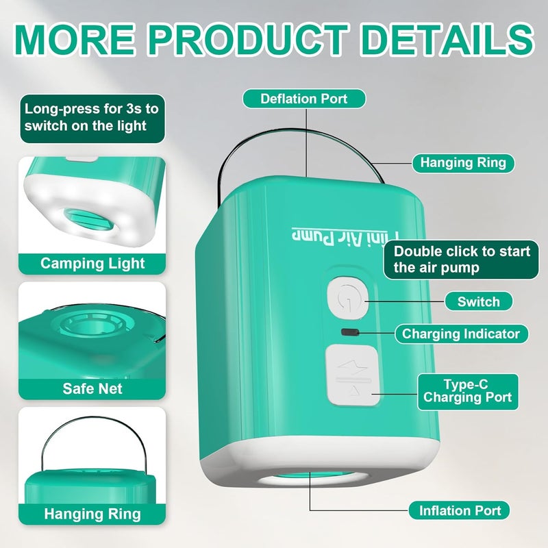 Puligoth Portable Air Pump for Inflatables: Mini Air Pump with 1600mAh Battery & Camping Light - Rechargeable Electric Pump for Vacuum Storage Bags, Air Mattress, Swimming Ring, Pool Floats - Image 5