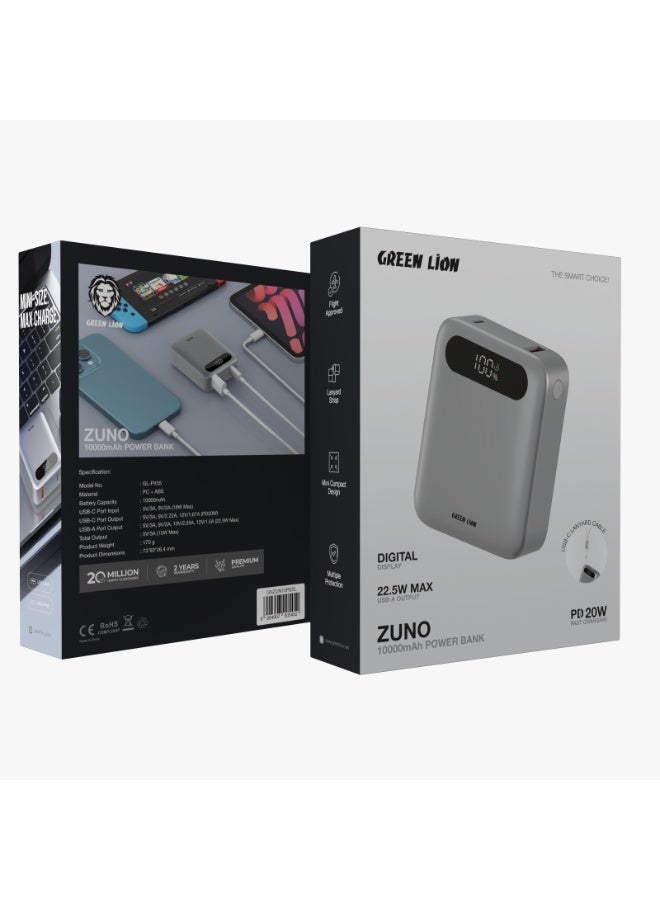 GREEN LION Zuno Power Bank 10000mAh PD 20W whit Lanyard Strap & Digital Display / Flight Approved / Powerbank Mini Compact Design / Multiple Protection - Silver - Image 3