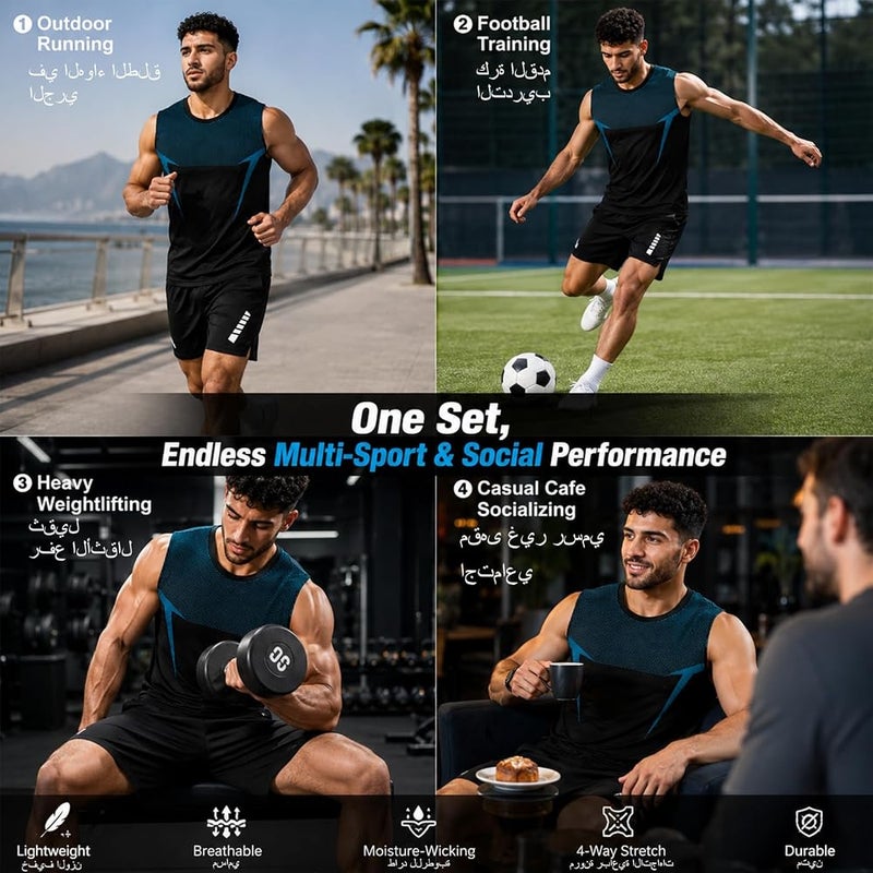 Kamofu Men's Gym Wear Set Cooling Quick Dry Sports Outfit Anti Odor UV Protection 2 Piece Athletic Tracksuit with Stretch Shirt & Shorts for Running Workout Padel Training - Image 2
