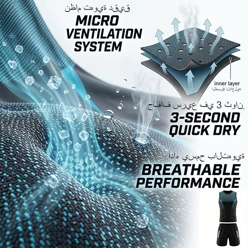 Kamofu Men's Gym Wear Set Cooling Quick Dry Sports Outfit Anti Odor UV Protection 2 Piece Athletic Tracksuit with Stretch Shirt & Shorts for Running Workout Padel Training - Image 3