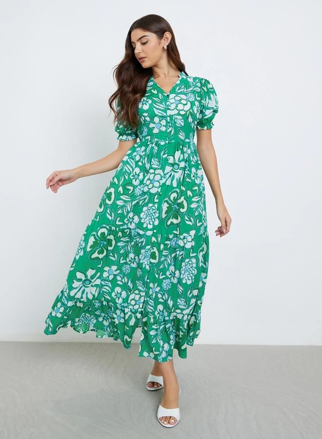 Styli Styli Floral Print Tiered Maxi Dress