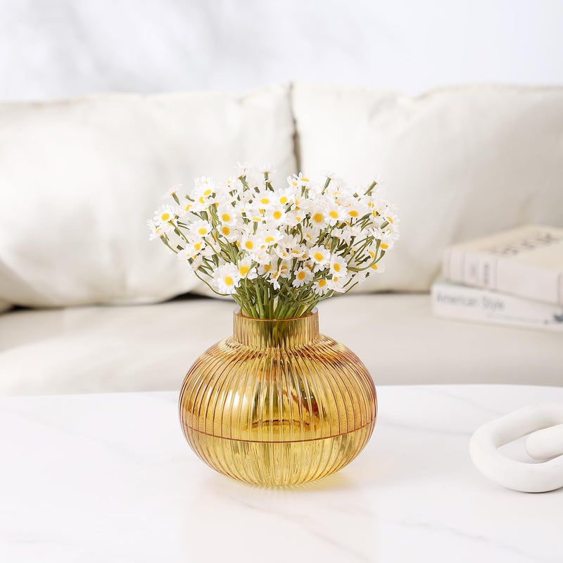 YANWE1 Amber Glass Vase for Tulips, Ribbed Glass Vase for Flowers, Round Flower Vases, Small Short Vases for Living Room, Office, Coffee Table, Shelf, Wedding, 6 Inches - Image 3
