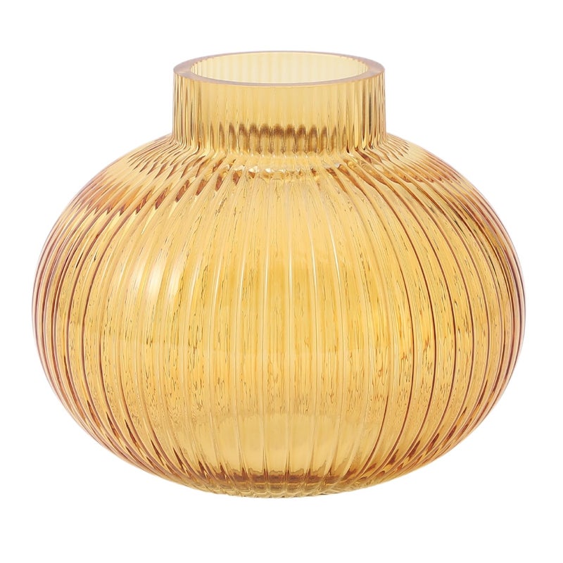 YANWE1 Amber Glass Vase for Tulips, Ribbed Glass Vase for Flowers, Round Flower Vases, Small Short Vases for Living Room, Office, Coffee Table, Shelf, Wedding, 6 Inches - Image 1