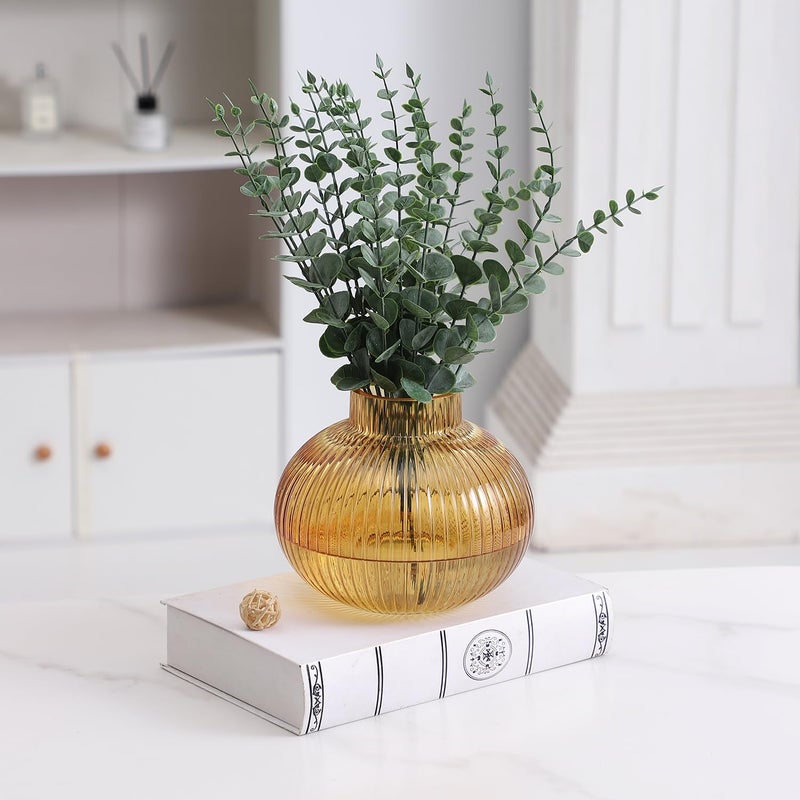 YANWE1 Amber Glass Vase for Tulips, Ribbed Glass Vase for Flowers, Round Flower Vases, Small Short Vases for Living Room, Office, Coffee Table, Shelf, Wedding, 6 Inches - Image 4