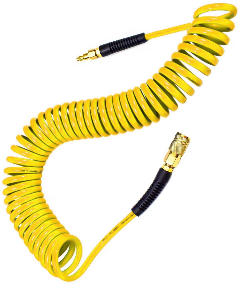YOTOO Polyurethane Recoil Air Hose Air Compressor Hose 14 Inner Diameter by 25 Long with Bend Restrictor 14 Industrial Quick Coupler and Plug Yellow