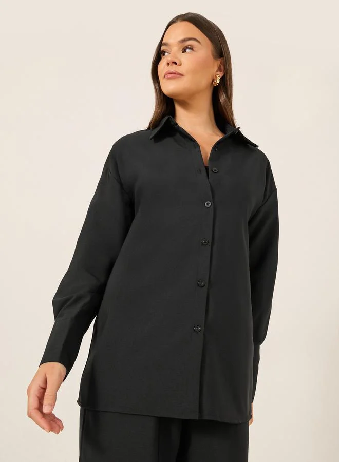Styli Solid Long Sleeve Shirt and Wide Leg Pants Co-Ords