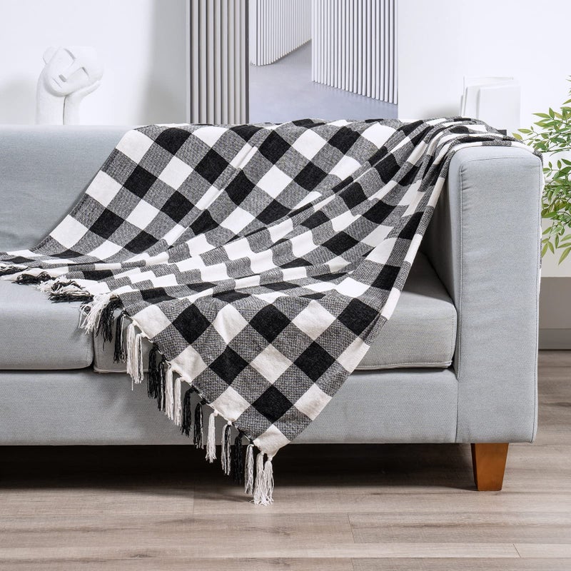 RECYCO Buffalo Paid Chenille Throw Blanket for Couch, Soft Cozy Decorative Buffalo Check Blanket Throw with Tassels for Bed Sofa, Lightweight Chenille Knitted Throw, Plaid Black Off White, 50'' x 60'' - Image 2