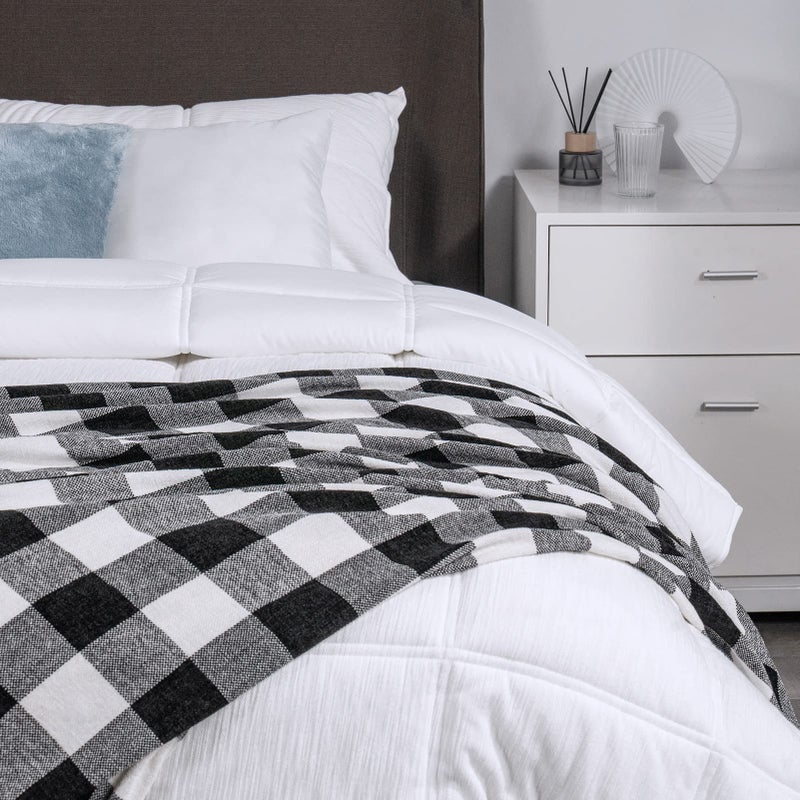 RECYCO Buffalo Paid Chenille Throw Blanket for Couch, Soft Cozy Decorative Buffalo Check Blanket Throw with Tassels for Bed Sofa, Lightweight Chenille Knitted Throw, Plaid Black Off White, 50'' x 60'' - Image 4