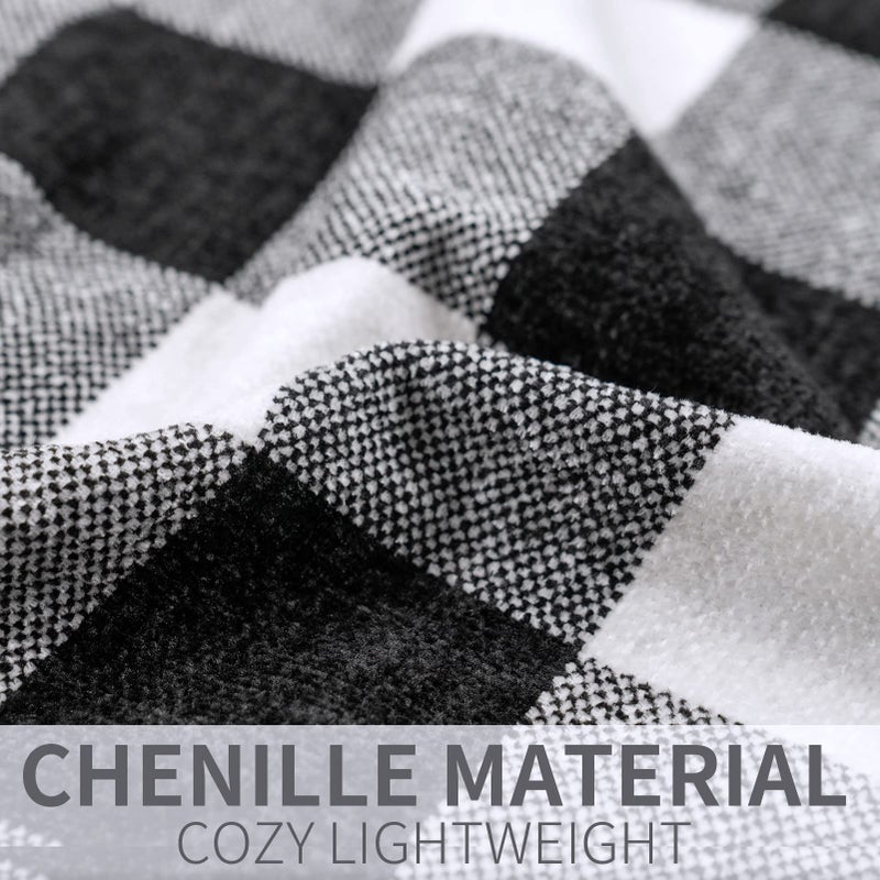 RECYCO Buffalo Paid Chenille Throw Blanket for Couch, Soft Cozy Decorative Buffalo Check Blanket Throw with Tassels for Bed Sofa, Lightweight Chenille Knitted Throw, Plaid Black Off White, 50'' x 60'' - Image 5