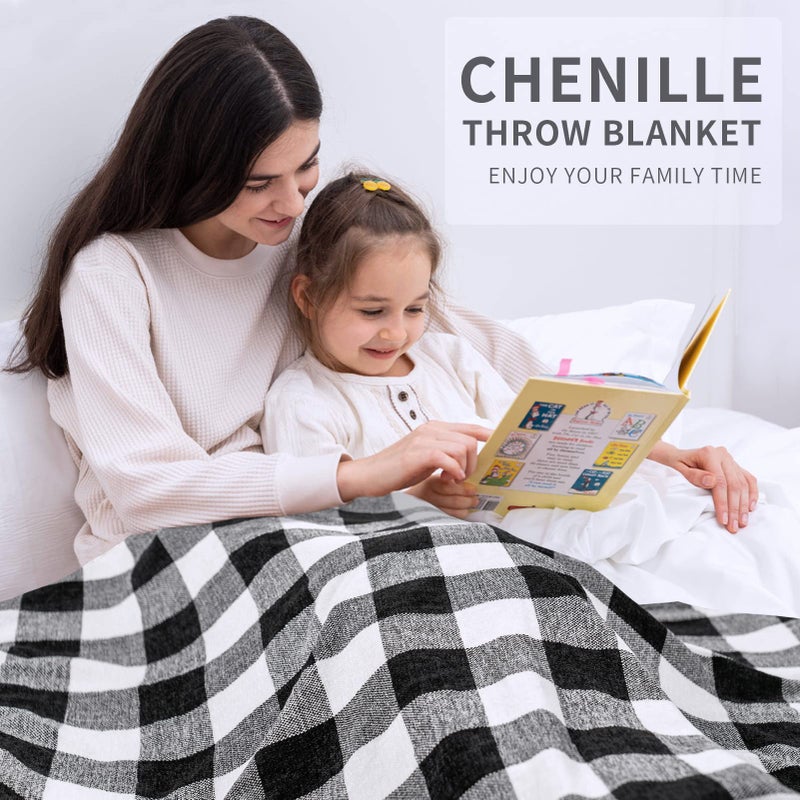 RECYCO Buffalo Paid Chenille Throw Blanket for Couch, Soft Cozy Decorative Buffalo Check Blanket Throw with Tassels for Bed Sofa, Lightweight Chenille Knitted Throw, Plaid Black Off White, 50'' x 60'' - Image 3