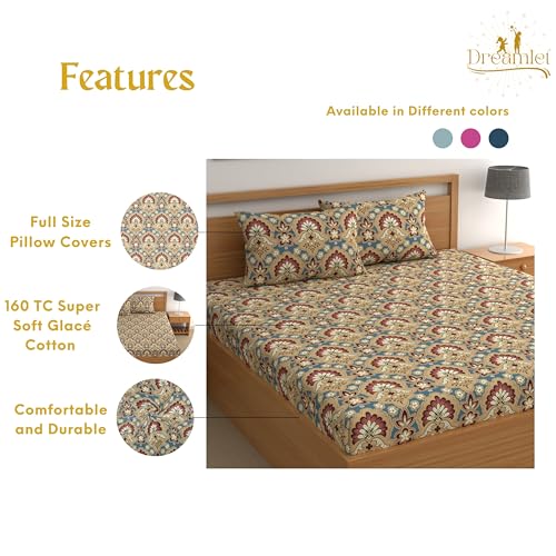 DREAMLET Prime Collections 160TC Pure Cotton Wrinkelfree Breathable Supersoft Double Flat Bedsheet with 2 Pillow Covers (Multi, Flat) - Image 2