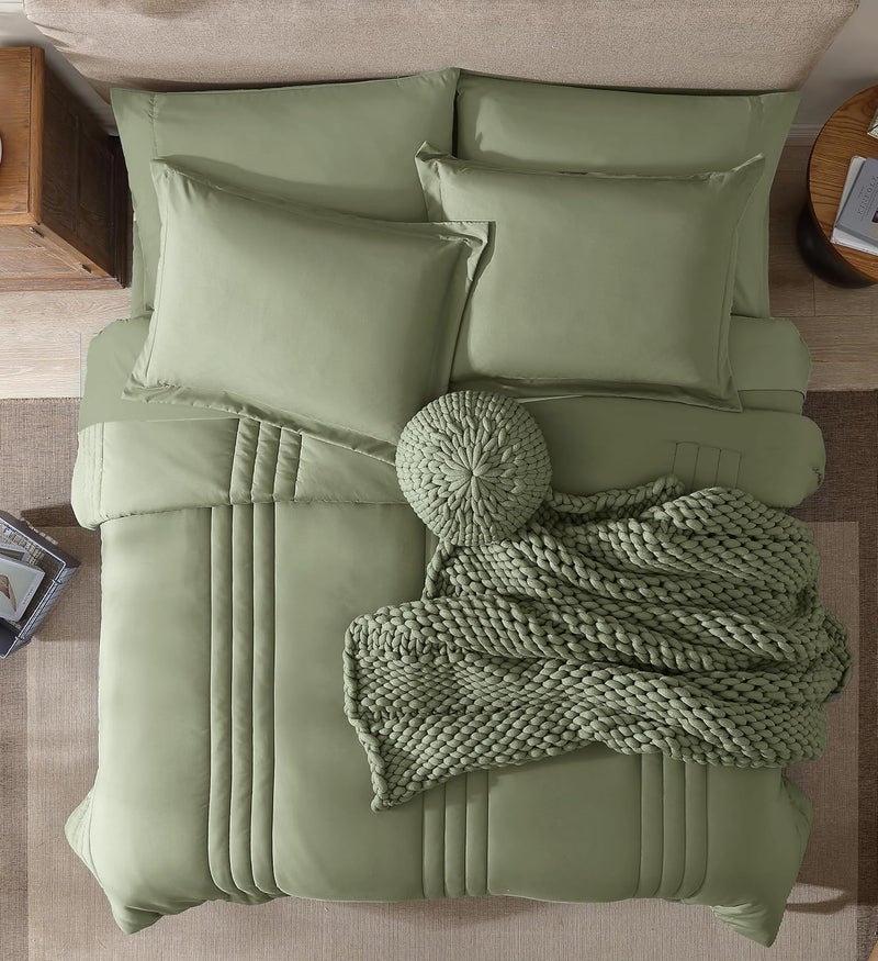 Monbix Oversized King Size Comforter Set - 7 Pieces Sage Bed in a Bag Oversized King Size Bedding Sets with Comforters, All Seasons Comforter Bed Set with Sheets, Pillowcases & Shams - Image 5