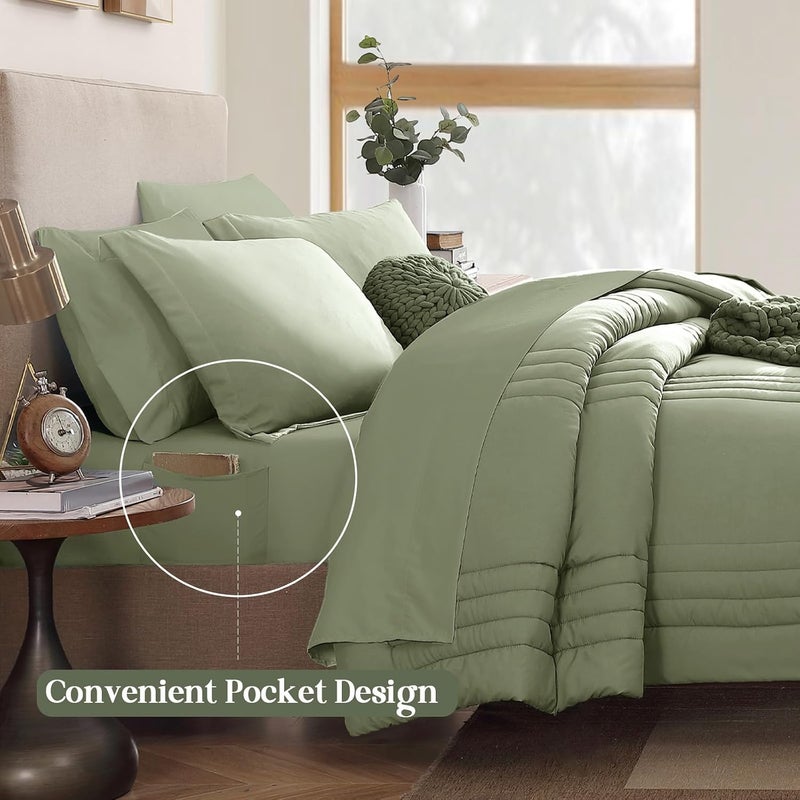 Monbix Oversized King Size Comforter Set - 7 Pieces Sage Bed in a Bag Oversized King Size Bedding Sets with Comforters, All Seasons Comforter Bed Set with Sheets, Pillowcases & Shams - Image 4