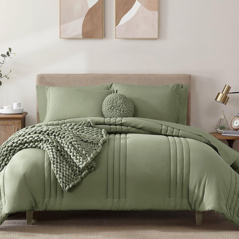 Monbix Oversized King Size Comforter Set - 7 Pieces Sage Bed in a Bag Oversized King Size Bedding Sets with Comforters, All Seasons Comforter Bed Set with Sheets, Pillowcases & Shams - Image 1