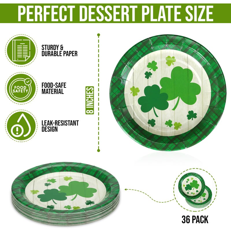 Iconikal 36-Count Disposable St. Patrick's Day Paper Dessert Plates, Shamrock Green Plaid Design, 7-Inch - Image 5