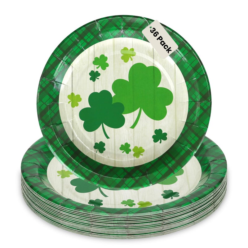 Iconikal 36-Count Disposable St. Patrick's Day Paper Dessert Plates, Shamrock Green Plaid Design, 7-Inch - Image 1