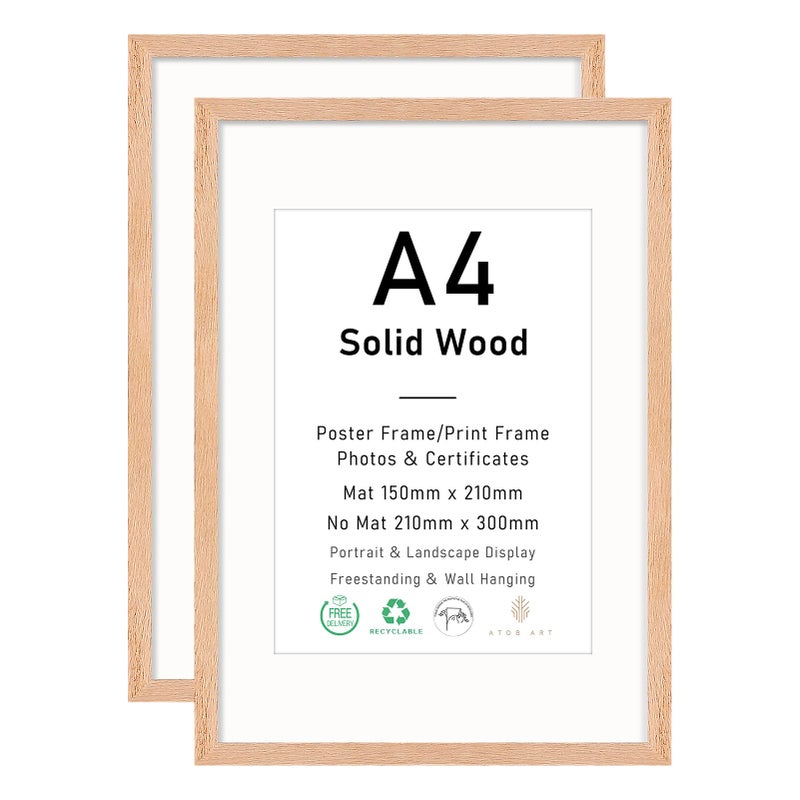 ATOBART A4 Certificate Picture Frame OAK Wood Photo Frame with mount for 15x21 cm print Poster Frame with plexiglass for Wall Mount Display 21x30 cm Set of 2