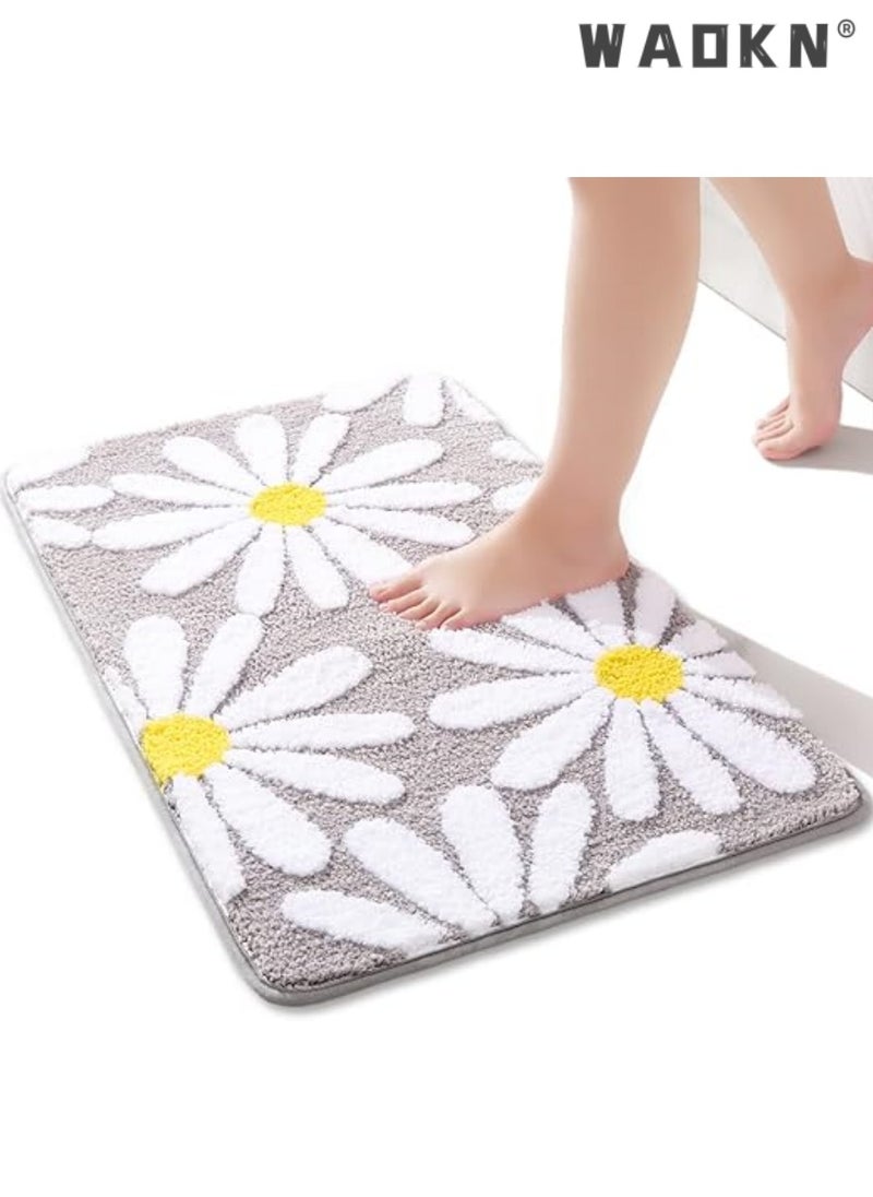 WAOKN - Gray Bathroom Rugs Cute Daisy Bath Mat Flower Decor Rug Non Slip Floor Carpet Microfiber Bathmat Super Absorbent Machine Washable Bathtub Mats for Shower (16x24 inch) - Image 1
