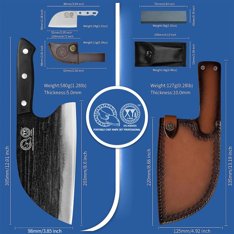 XYJ Full Tang  Serbian Chefs Knife Chef Meat Cleaver Kitchen Knives Set With Leather Sheath Take Carrying Butcher For Camping Or Outdoor (8 Inch) - Image 4