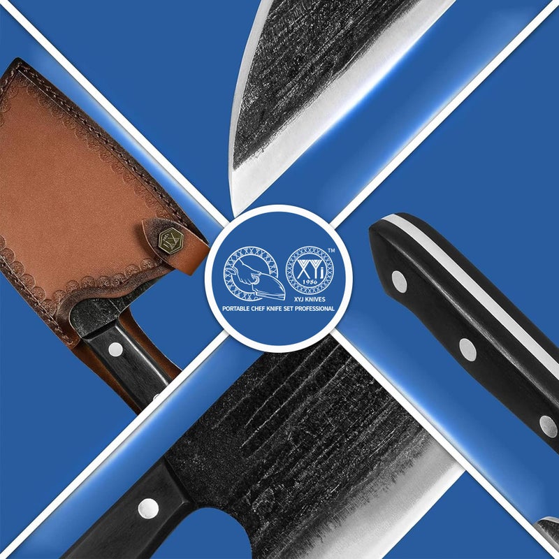 XYJ Full Tang  Serbian Chefs Knife Chef Meat Cleaver Kitchen Knives Set With Leather Sheath Take Carrying Butcher For Camping Or Outdoor (8 Inch) - Image 2