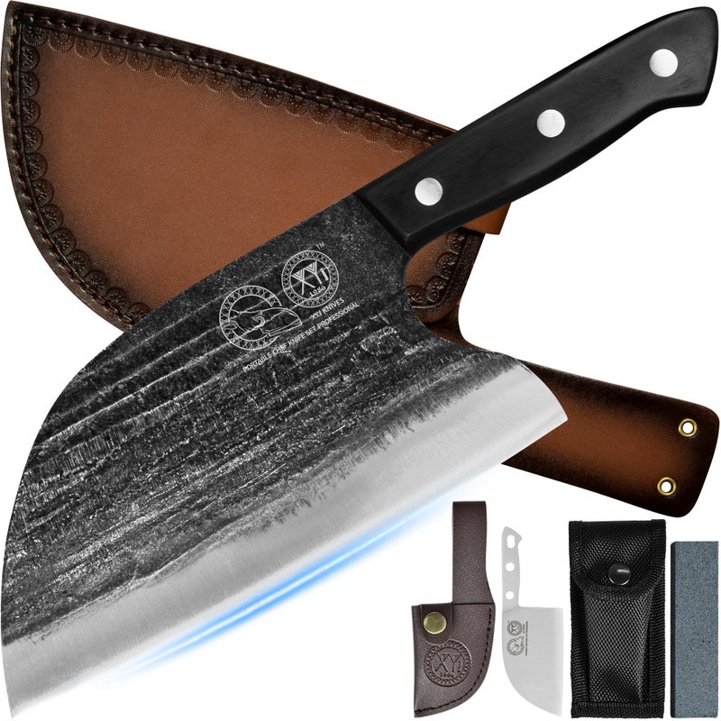 XYJ Full Tang  Serbian Chefs Knife Chef Meat Cleaver Kitchen Knives Set With Leather Sheath Take Carrying Butcher For Camping Or Outdoor (8 Inch) - Image 1