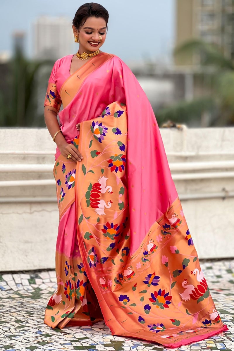 SGF11 Women's Kanjivaram Paithani Pure Soft Silk Saree With Blouse Piece (Light Pink) - Image 5
