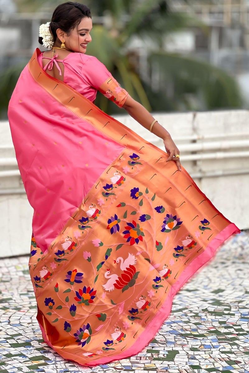 SGF11 Women's Kanjivaram Paithani Pure Soft Silk Saree With Blouse Piece (Light Pink) - Image 4