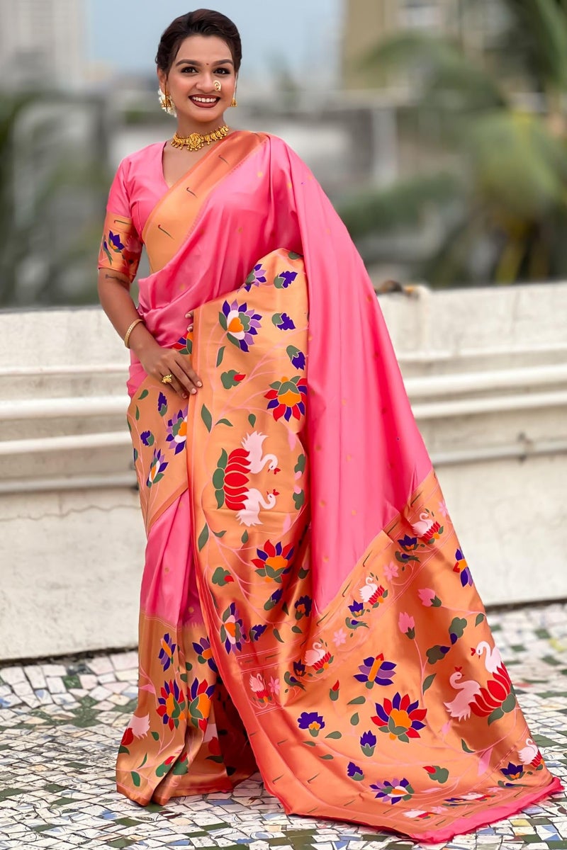 SGF11 Women's Kanjivaram Paithani Pure Soft Silk Saree With Blouse Piece (Light Pink) - Image 2