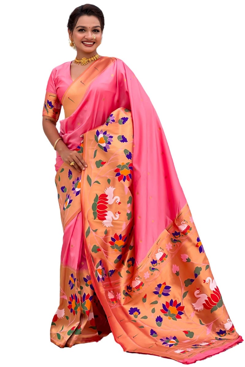 SGF11 Women's Kanjivaram Paithani Pure Soft Silk Saree With Blouse Piece (Light Pink) - Image 1