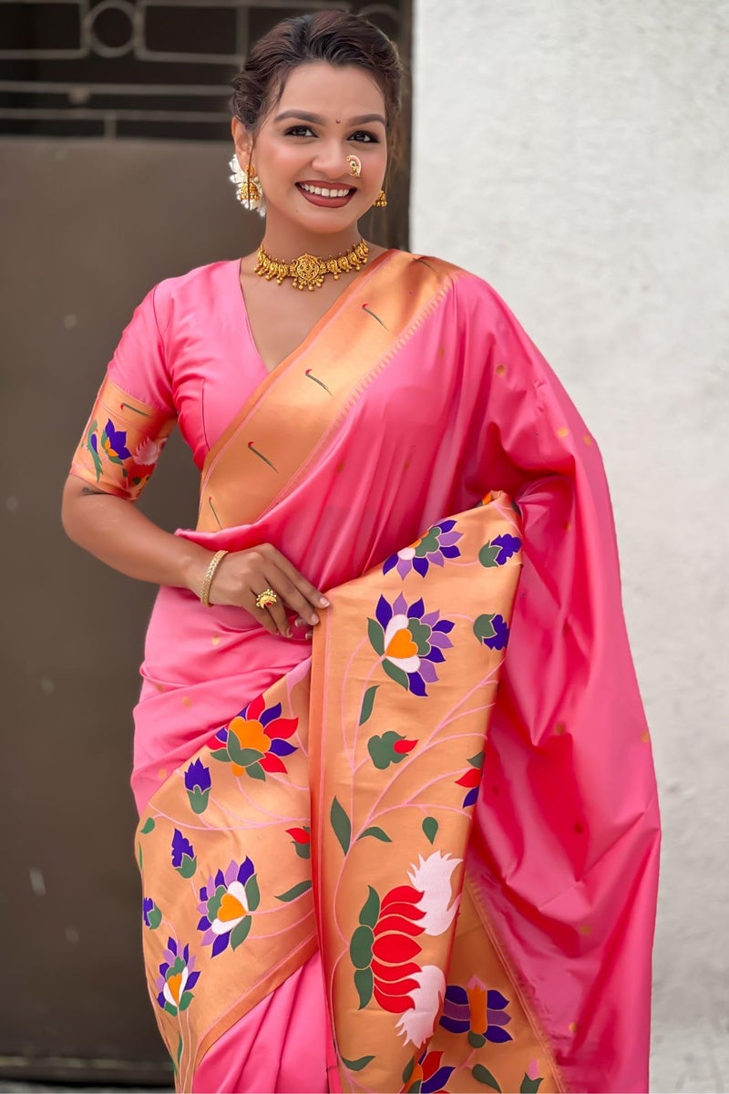 SGF11 Women's Kanjivaram Paithani Pure Soft Silk Saree With Blouse Piece (Light Pink) - Image 3