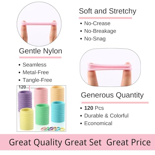 LuSeren 120 Pcs No Damage Thick Hair Ties, Large Soft Seamless Nylon Cloth Hair Elastics for Women, Light Color - Image 3