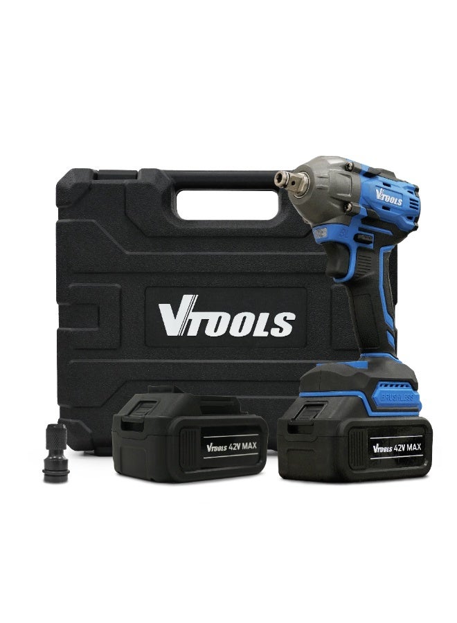 في تولز مفتاح ربط صدمي لاسلكي بدون فرشاة 42 فولت من VTOOLS مع بطاريتين - Image 1