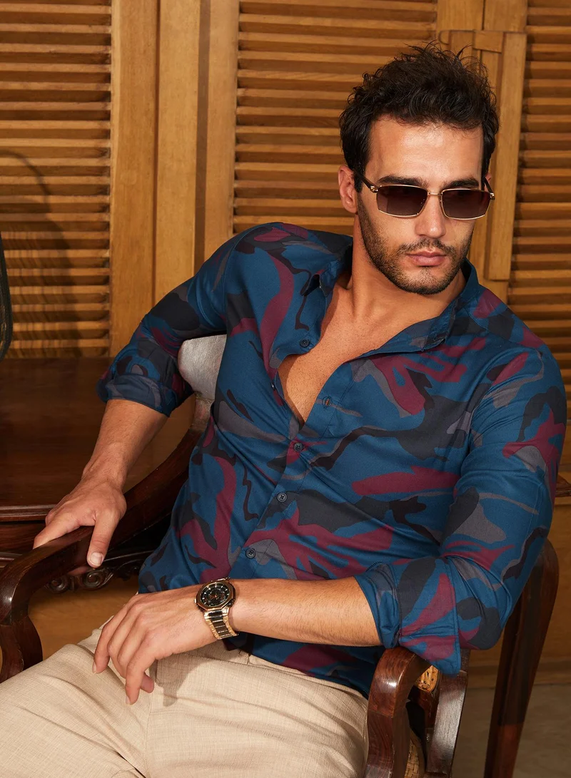 Campus Sutra Campus Sutra Men's Midnight Blue Impressia Regular Shirt For Casual Wear | Spread Collar | Long Cuffed Sleeves | Button Closure | Shirt Crafted With Comfort Fit For Everyday Wear
