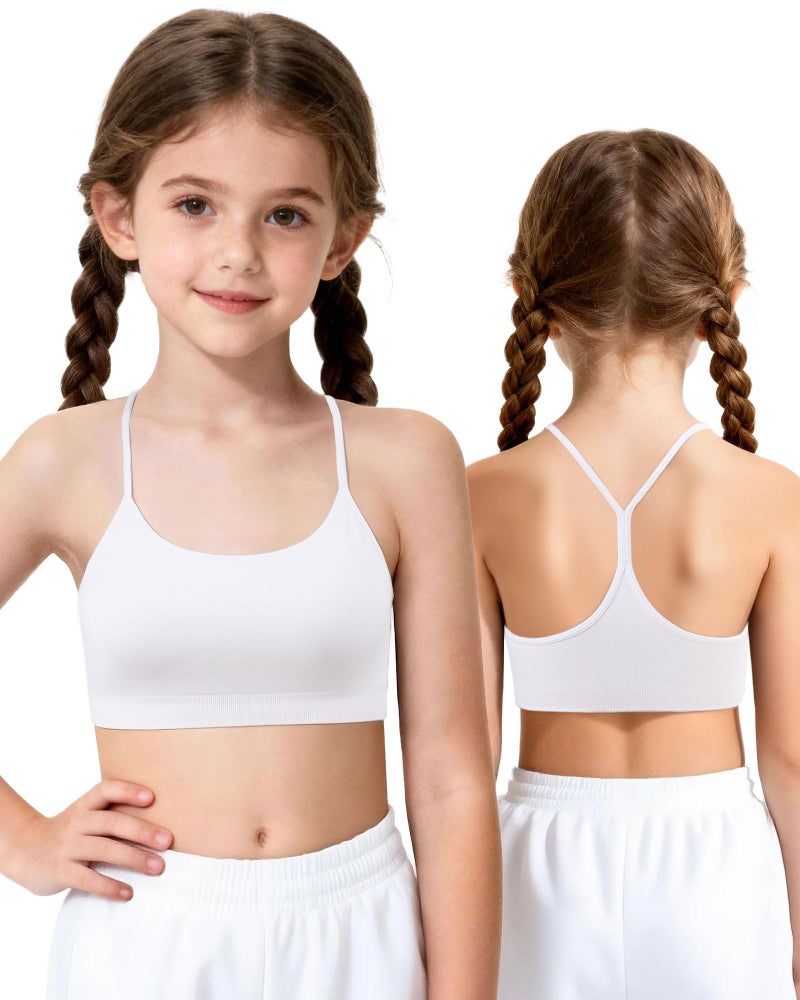iMucci Seamless Sports Bra for Girls Teens Spaghetti Strap Y-Back Training Bra Comfort Crop Top with Removable Padding, White, 10-13 Years - Image 1