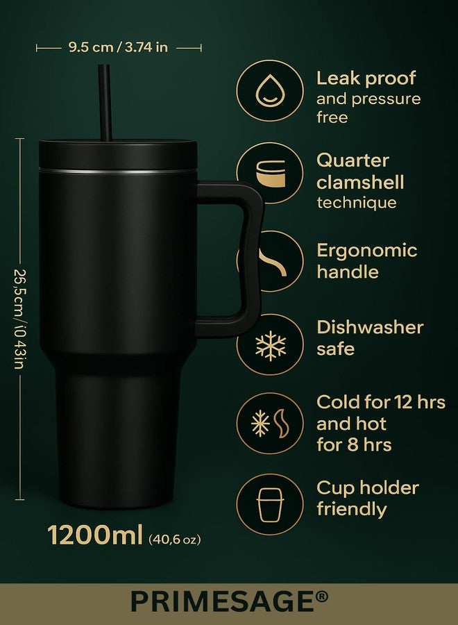 PRIMESAGE كوب PRIMESAGE® مع ماصة، زجاجة ماء للبالغين، كوب معزول، سعة 1200 مل، أسود - Image 2
