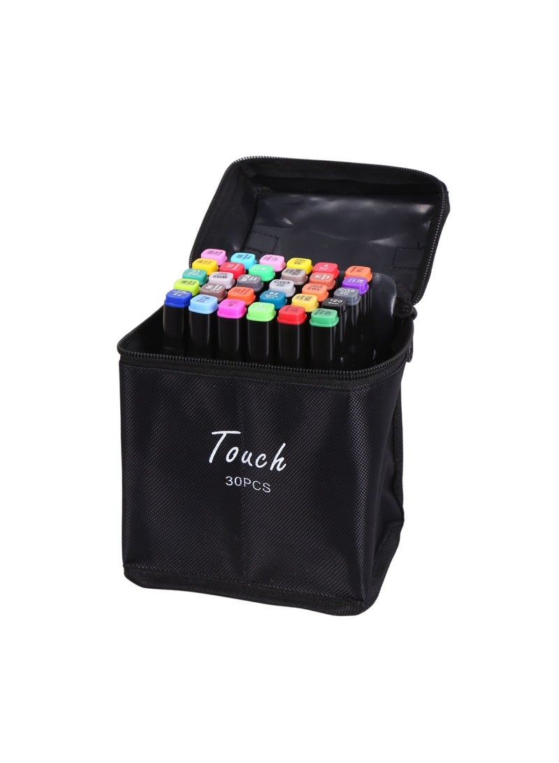 Touch 30pcs Dual Tip Markers Set, Assorted Colors Stylish Black Body with Black Cloth Bag - Image 1