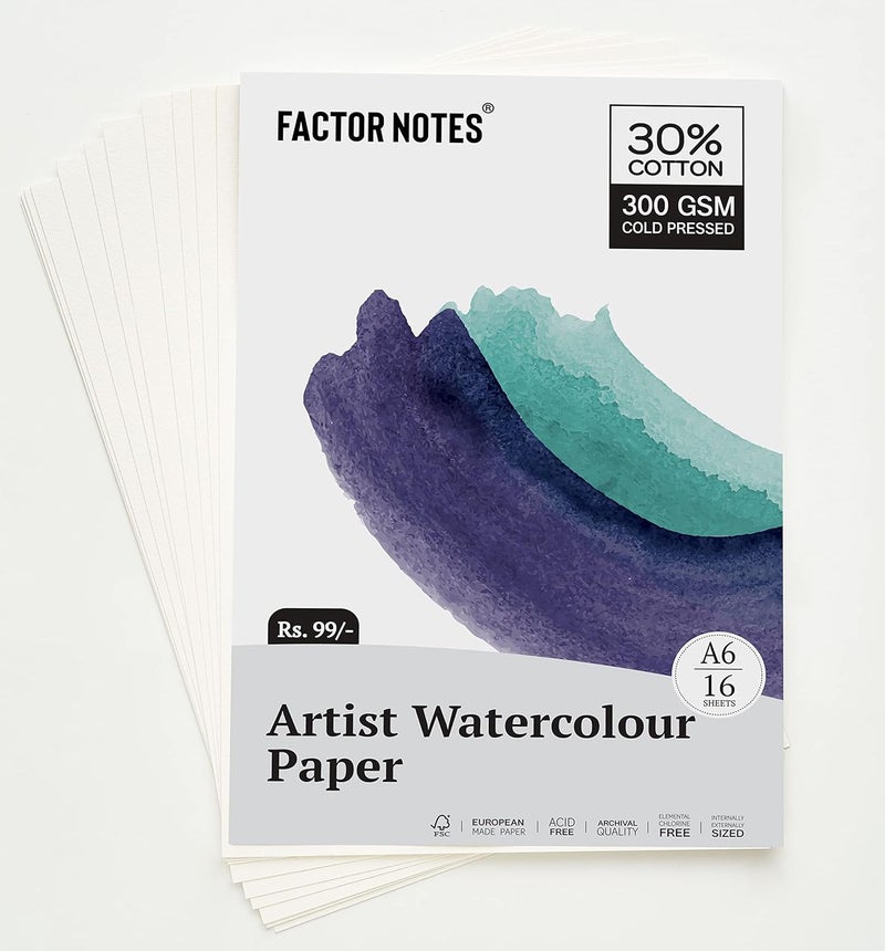 FACTOR NOTES ورق مائي A6: 300 GSM | 30% قطن | 16 ورقة | مضغوط بارد | خالي من الحمض - Image 1