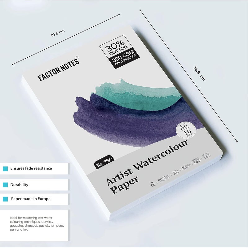 FACTOR NOTES ورق مائي A6: 300 GSM | 30% قطن | 16 ورقة | مضغوط بارد | خالي من الحمض - Image 2