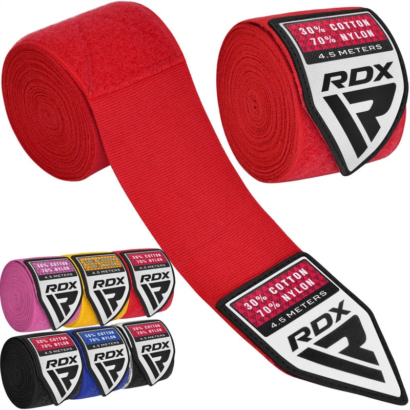 RDX Boxing Hand Wraps 4.5M / 180 Inches â€“ Mexican Style Semi-Elastic MMA Inner Gloves - Wrist Support for Muay Thai, Kickboxing, BJJ, Karate - Thumb Loop & Hook and Loop Closure - Cotton & Nylon Blend - Image 1