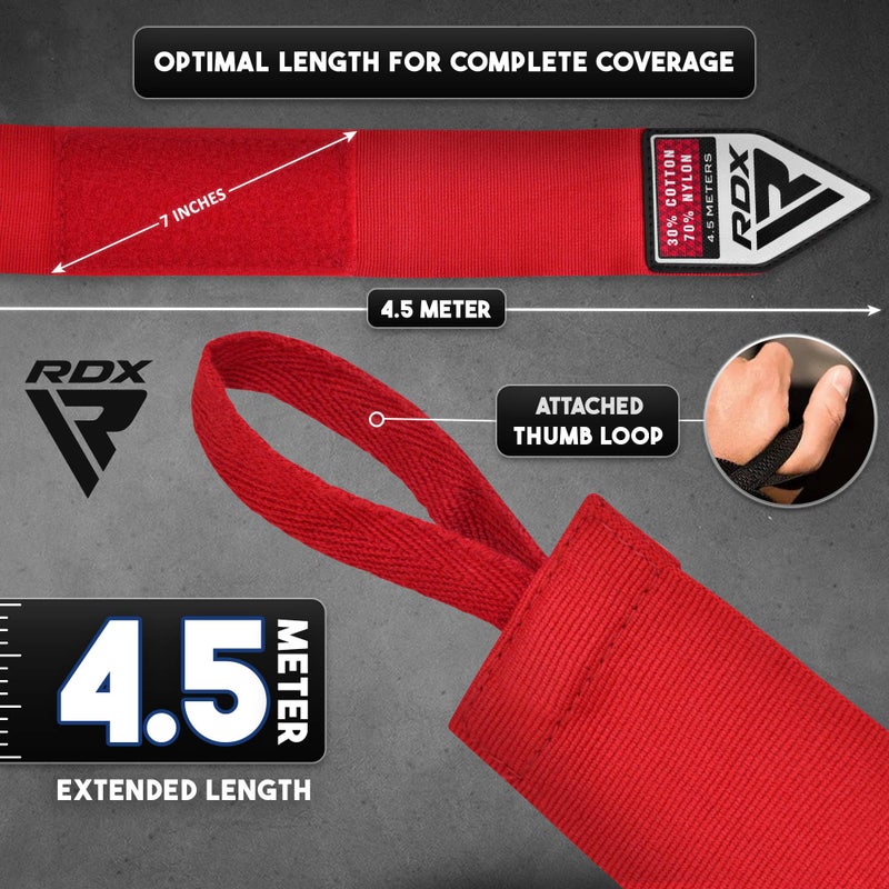 RDX Boxing Hand Wraps 4.5M / 180 Inches â€“ Mexican Style Semi-Elastic MMA Inner Gloves - Wrist Support for Muay Thai, Kickboxing, BJJ, Karate - Thumb Loop & Hook and Loop Closure - Cotton & Nylon Blend - Image 4