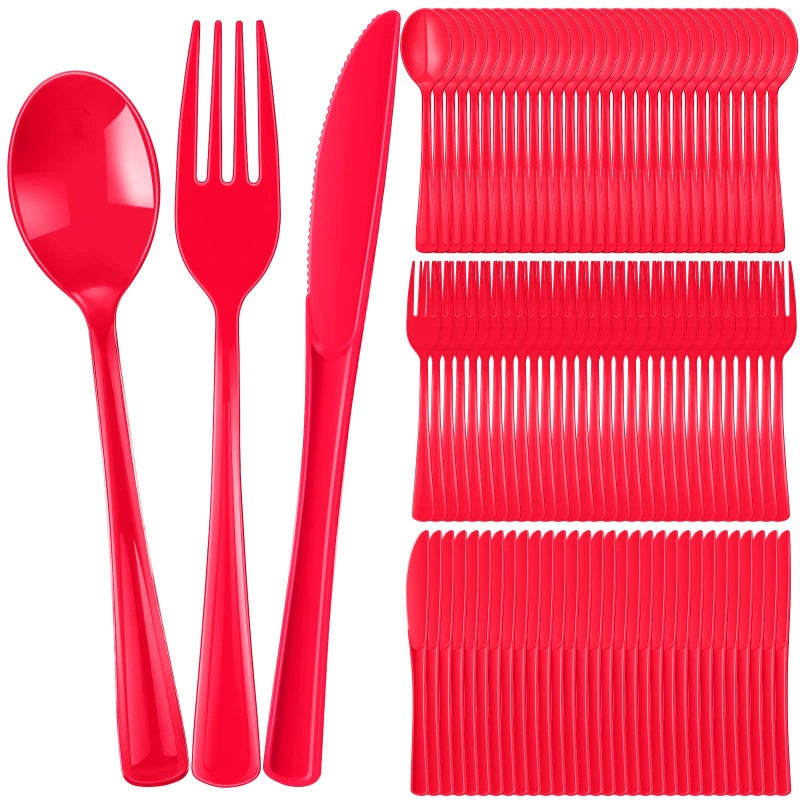 300 Pcs Plastic Silverware Heavy Duty Cutlery Set Plastic Utensils Set Includes 100 Disposable Spoons 100 Forks Knives for Parties Catering Family GatheringPink