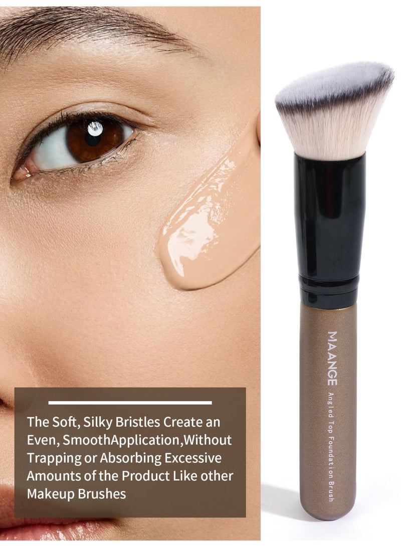 MAANGE فرشاة مكياج من قطعتين، فرش مكياج احترافية، تشمل فرشاة أساس مسطحة، فرشاة أساس مائلة، بني - Image 5